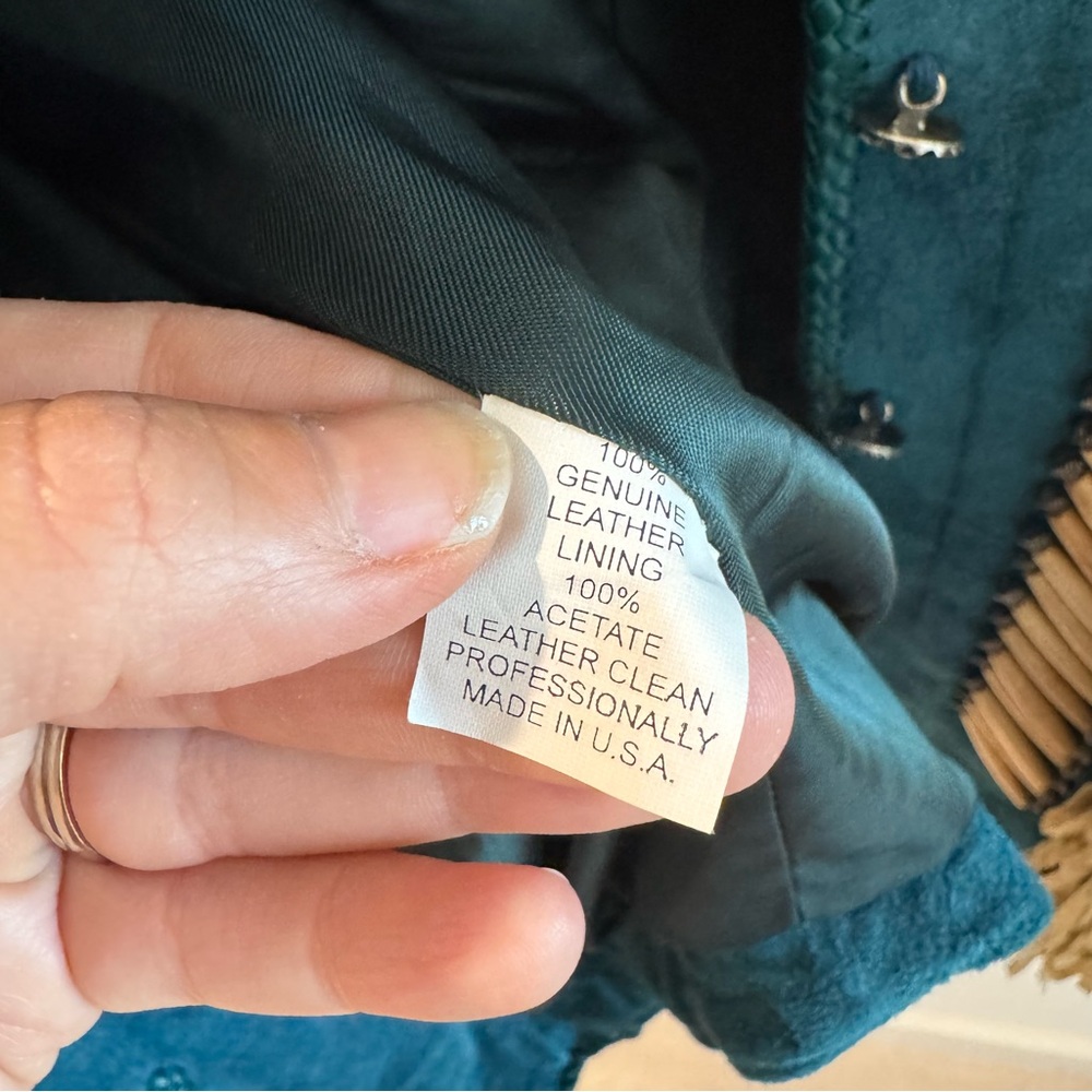 Vintage Teal Leather Jacket with Fringe - Picture 9 of 10